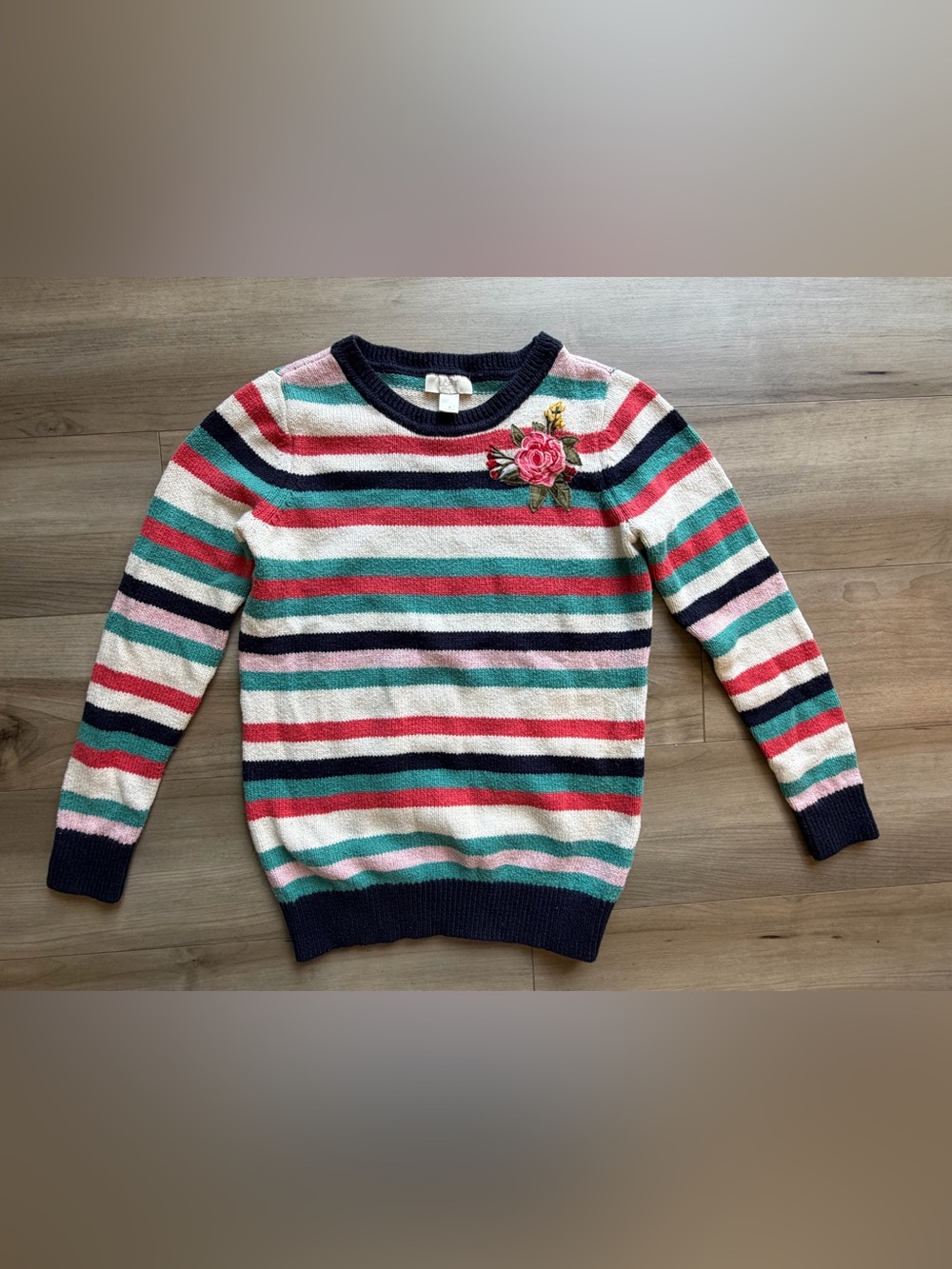 Vintage woman’s LOFT Striped Navy, White, Coral & Teal Knit Sweater